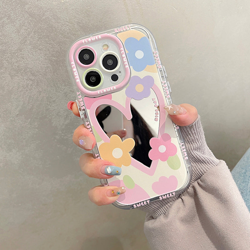 Premium süße Liebe Herz Blumen Spiegel Handyhülle, MagSafe, Abdeckung, | Apple iPhone 14/13/12/11/15 Pro Max - Schöne harte stoßfeste Rückseite