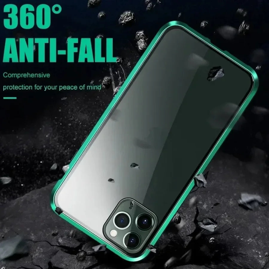High-Quality iPhone Case: Metal Frame and Double-Sided Glass | MagSafe-Compatible, Magnetic Adsorption for 360° Full Protection Case | Shockproof Glass Lens Camera Protection Armor | Cover for Apple iPhone 16/16e, 15, 14, 13, 12 Pro Max, Pro, Plus & Mini