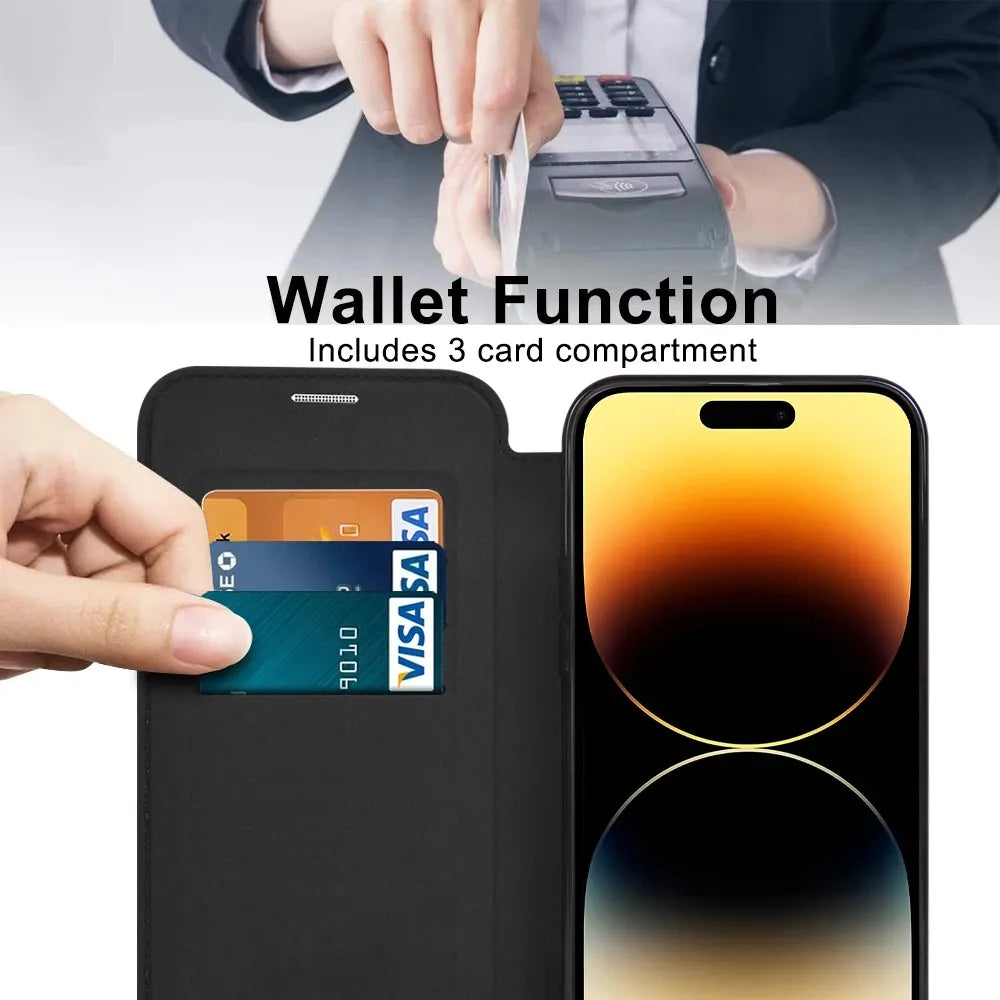 Premium Flip Leather Case with Card Slot and Card Holder Wallet, Magnetic & Shockproof iPhone Case | Flip Cover Stand Case for Apple iPhone 16/15/14/13/12 Pro Max, Plus, Mini Cover - Versatile Protective Cover