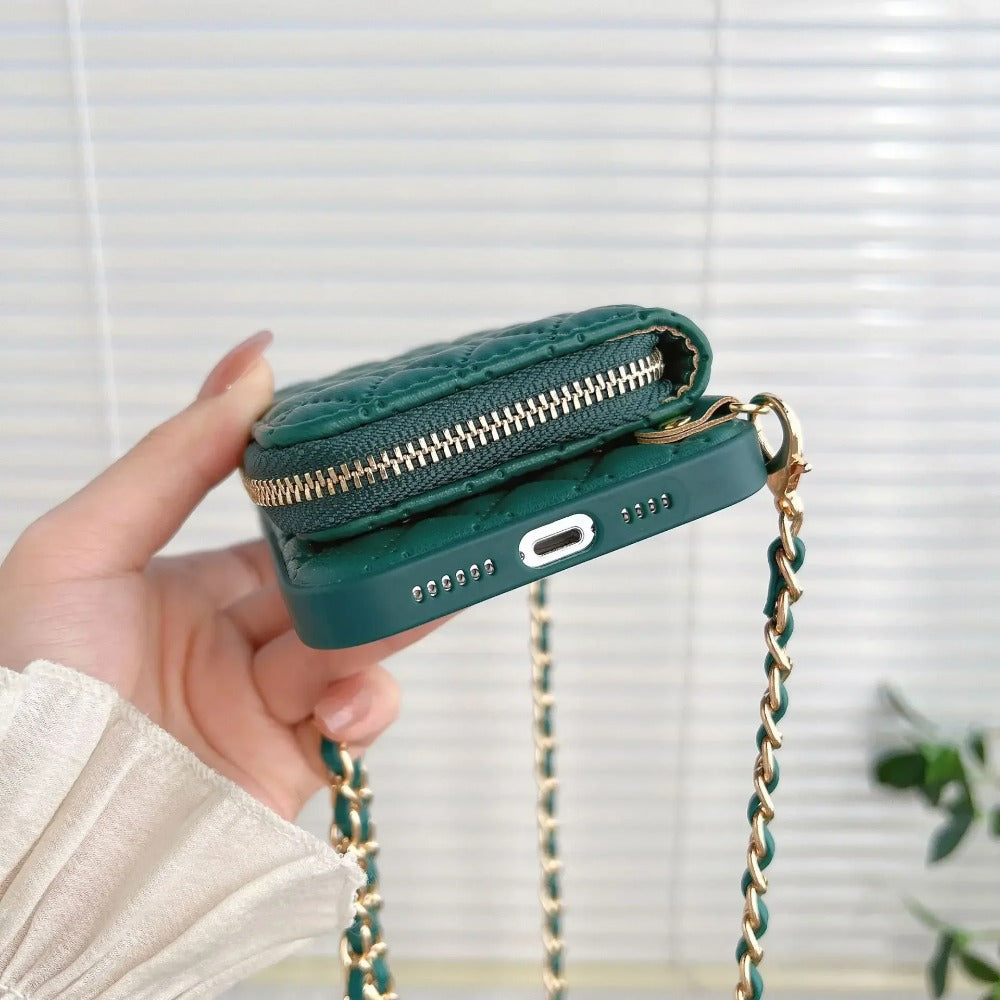 Luxury Leather Wallet with Zipper Crossbody Lanyard iPhone Case | MagSafe Case with Camera Lens Cover for Apple iPhone 16/15/14/13/12 Pro Max, Plus Mini Cover – Crossbody Strap, Shoulder Strap, Card Holder Phone Case | Premium Protective Cover