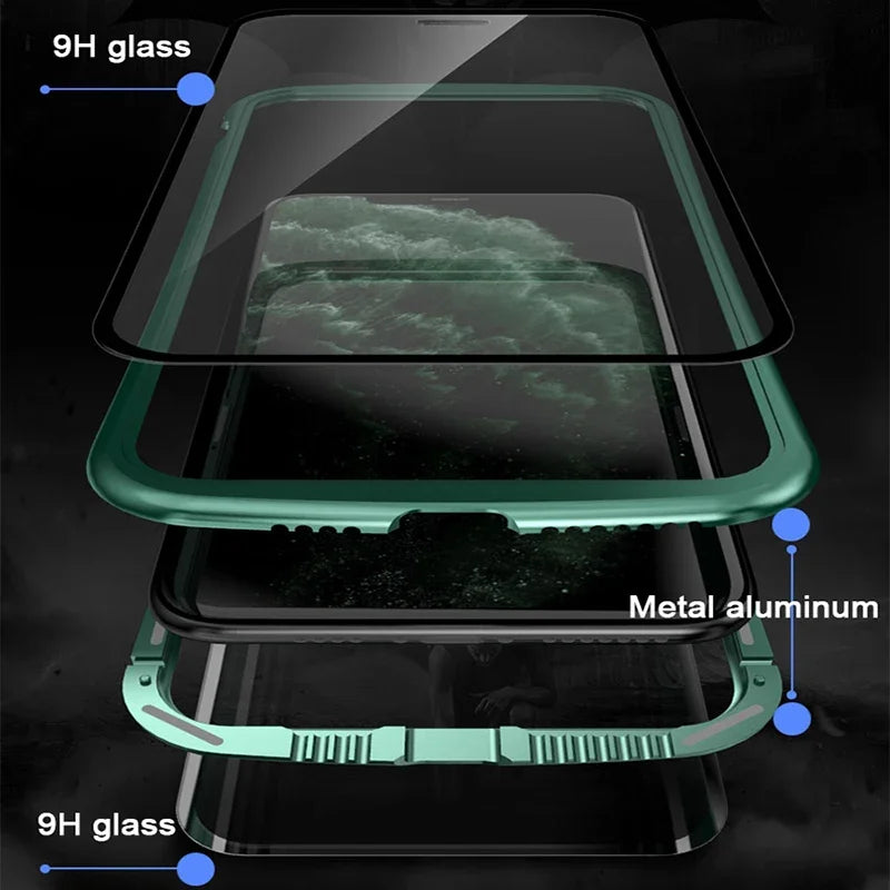 High-Quality iPhone Case: Metal Frame and Double-Sided Glass | MagSafe-Compatible, Magnetic Adsorption for 360° Full Protection Case | Shockproof Glass Lens Camera Protection Armor | Cover for Apple iPhone 16/16e, 15, 14, 13, 12 Pro Max, Pro, Plus & Mini