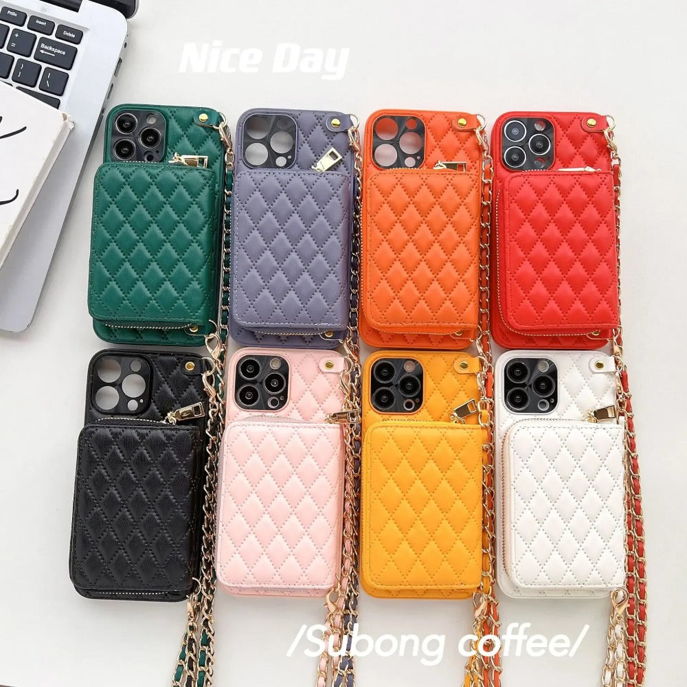Luxury Leather Wallet with Zipper Crossbody Lanyard iPhone Case | MagSafe Case with Camera Lens Cover for Apple iPhone 16/15/14/13/12 Pro Max, Plus Mini Cover – Crossbody Strap, Shoulder Strap, Card Holder Phone Case | Premium Protective Cover