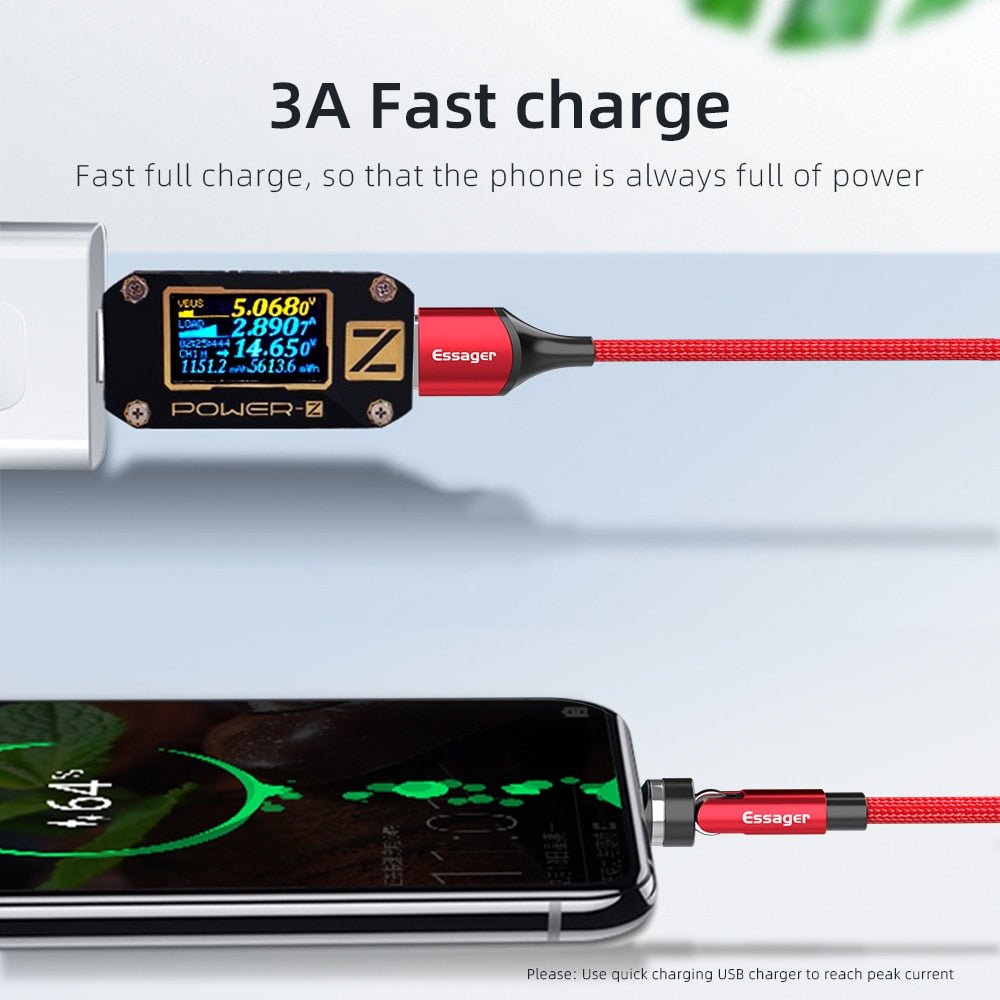 Schnellladendes 540° drehbares magnetisches Kabel für Apple iPhone, iOS, Samsung & Android - 3A Datenübertragung USB Typ C