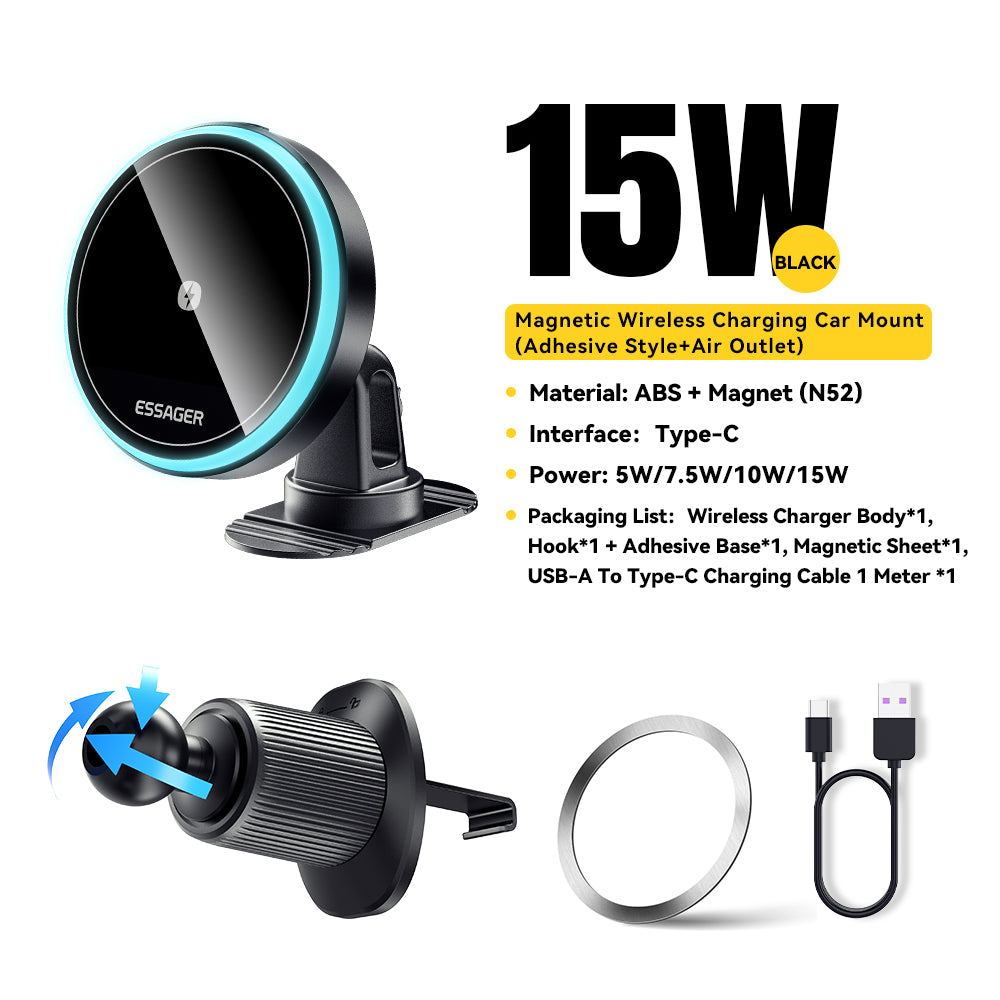 Premium RGB Magnetic Car Phone Holder and Qi 15W Wireless Charger for Smartphones, Apple iPhone, Samsung, iOS & Android | Universal Phone Holder & Charger