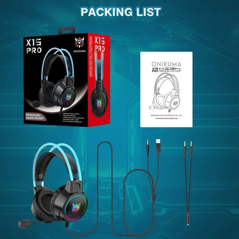 Hochwertiges Onikuma X15 Pro Over-Ear Gaming-Headset mit Kabel | Geräuschunterdrückung, Rosa Katzenohren, RGB-Licht und