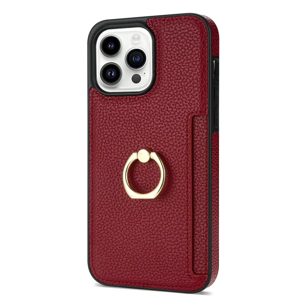 Hochwertiges Kartenfach Leder Brieftasche mit Ringhalter und Ständer iPhone Hülle | MagSafe Case mit Rundumschutz und Kameralinsenschutzabdeckung für Apple iPhone 15/14/13/12 Pro Max Plus | Panzertasche Handyhülle | Premium Wallet & Geldbörse Schutzhülle - Phone Heaven Zone