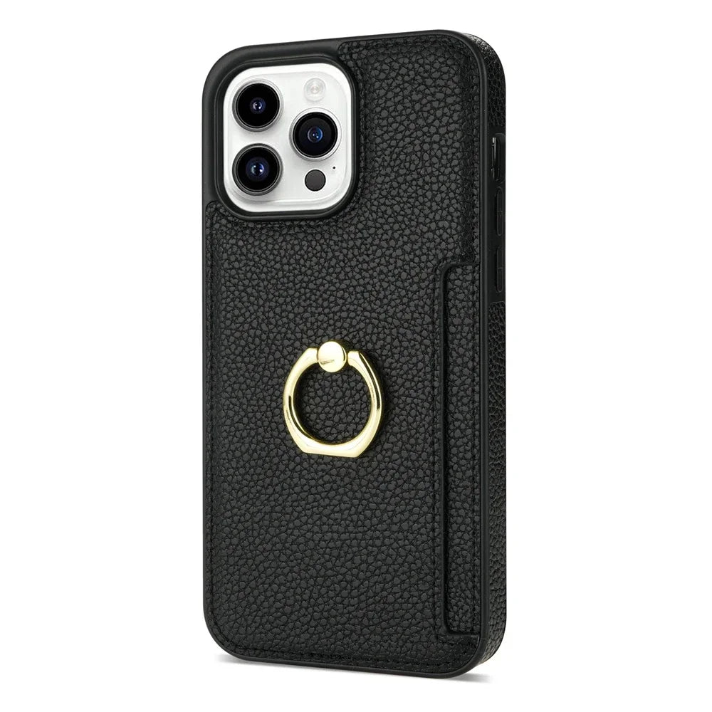Hochwertiges Kartenfach Leder Brieftasche mit Ringhalter und Ständer iPhone Hülle | MagSafe Case mit Rundumschutz und Kameralinsenschutzabdeckung für Apple iPhone 15/14/13/12 Pro Max Plus | Panzertasche Handyhülle | Premium Wallet & Geldbörse Schutzhülle - Phone Heaven Zone