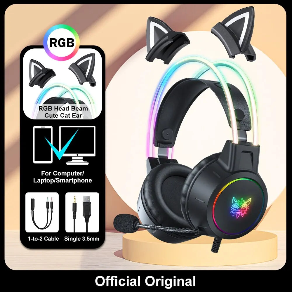 Hochwertiges Onikuma X15 Pro Over-Ear Gaming-Headset mit Kabel | Geräuschunterdrückung, Rosa Katzenohren, RGB-Licht und