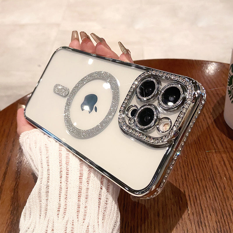 Premium Luxurious Pink Diamond Glitter Gloss iPhone Case | MagSafe Case with Camera Lens Cover for Apple iPhone 16/15/14/13/12 Pro Max, Plus, Mini Cover | Armor Case, Bumper Cover Protective Case