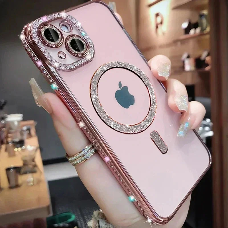 Premium Luxurious Pink Diamond Glitter Gloss iPhone Case | MagSafe Case with Camera Lens Cover for Apple iPhone 16/15/14/13/12 Pro Max, Plus, Mini Cover | Armor Case, Bumper Cover Protective Case