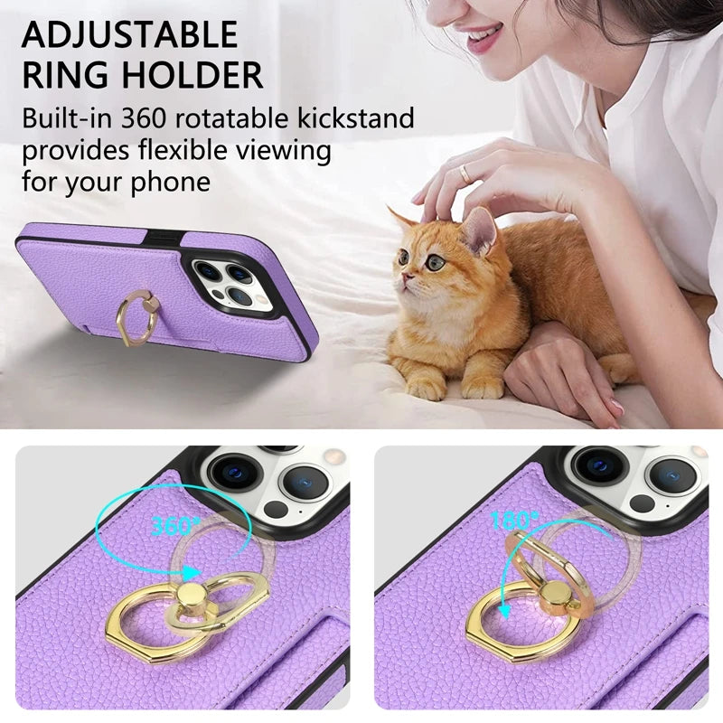 Premium Leather Wallet Case with Card Slot, Ring Holder, and Stand for iPhone | MagSafe Case with Full Protection and Camera Lens Cover for Apple iPhone 16/16e, 15, 14, 13, 12 Pro Max, Pro, Plus & Mini | Heavy Duty, Premium Wallet & Protective Case
