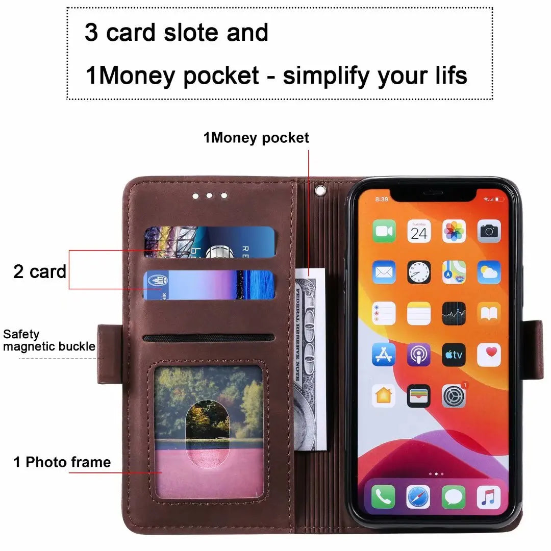 High-Quality Leather Flip Cover Wallet with Magnetic Closure and SIM Card Slot iPhone Case | MagSafe Compatible with Full Protection and Camera Lens Cover for Apple iPhone 16/15/14/13/12 Pro Max Plus Mini | Armor Phone Case Wallet Protective Cover