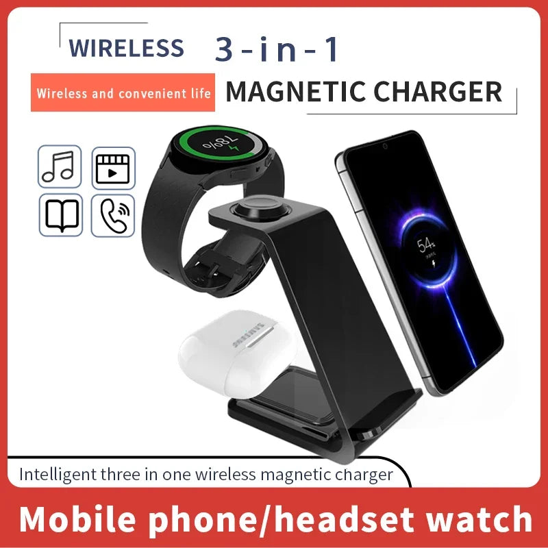 3 in 1 Wireless Fast Magnetic MagSafe Charging Station | Wireless Charging Station Fast Docking Charger for Smartphones, Apple iPhone, Samsung, iOS & Android, Watch & AirPods